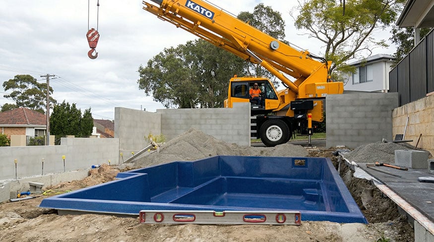 A crane lowering a fibreglass pool shell into a backyard excavation