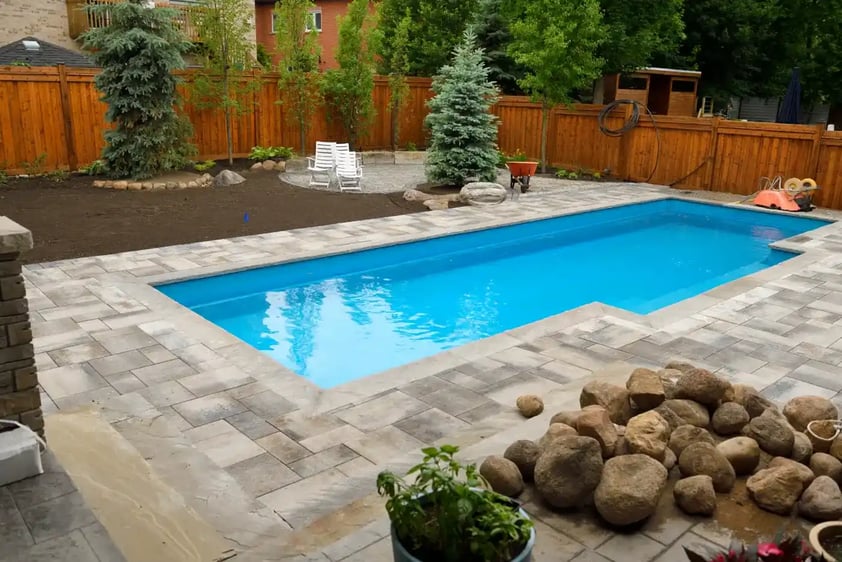 Fibreglass swimming pool in an Australian backyard