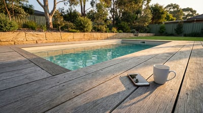 A completed fibreglass pool with timber decking and landscaped Australian backyard, with a phone and coffee mug resting on the deck edge