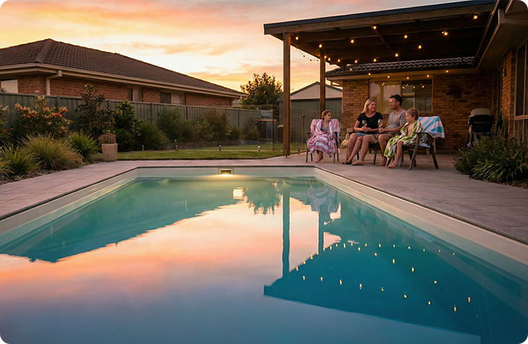 QLD Family next to fibreglass pool